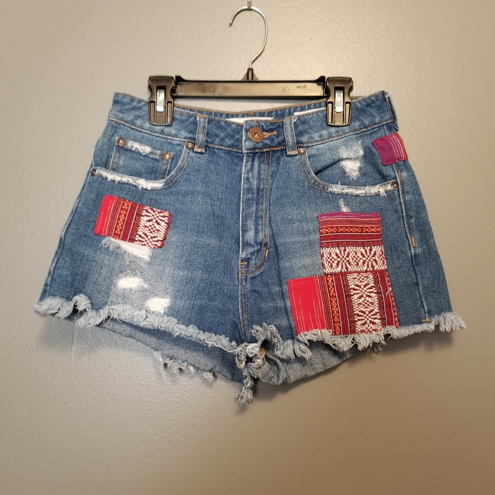 Bullhead patchwork high rise denim mom shorts